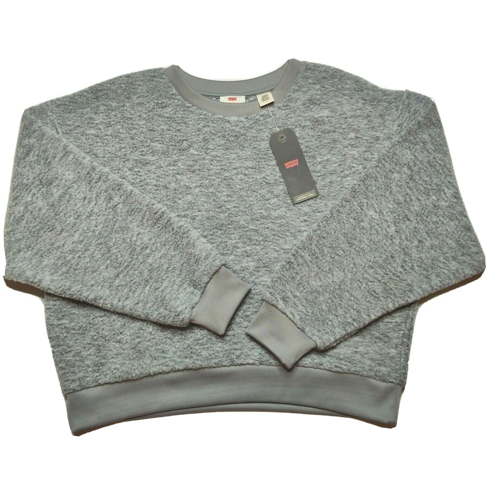 LEVIS Meadow Fleece Women‎ Large Sherpa Faux Fur Gray Cropped Sweatshirt NEW